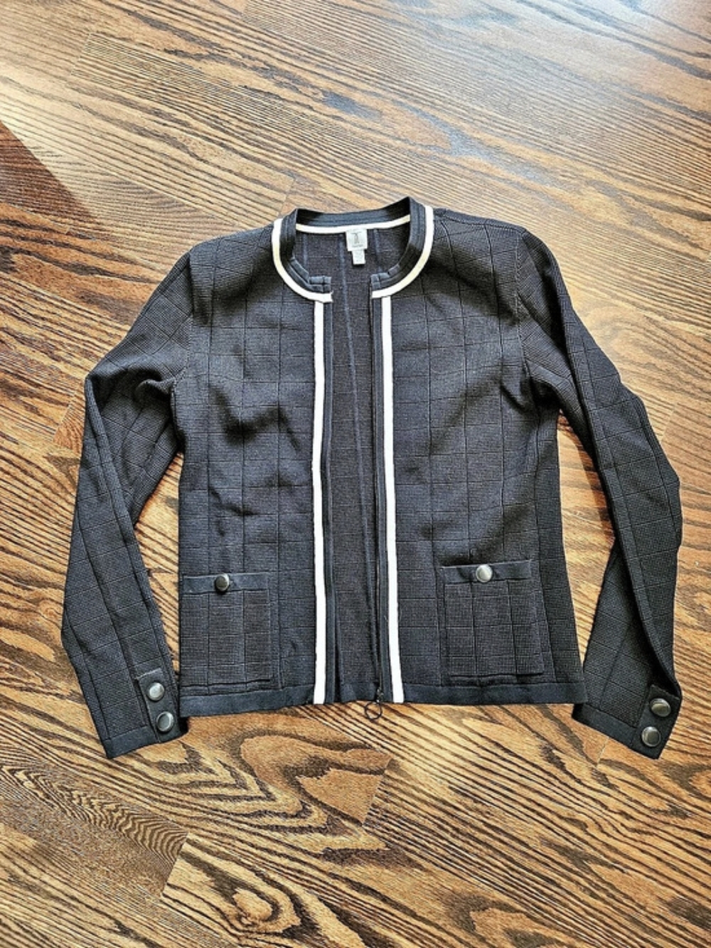 TRISTAN Black Textured Knit Jacket with White Piping | Size S | Like New